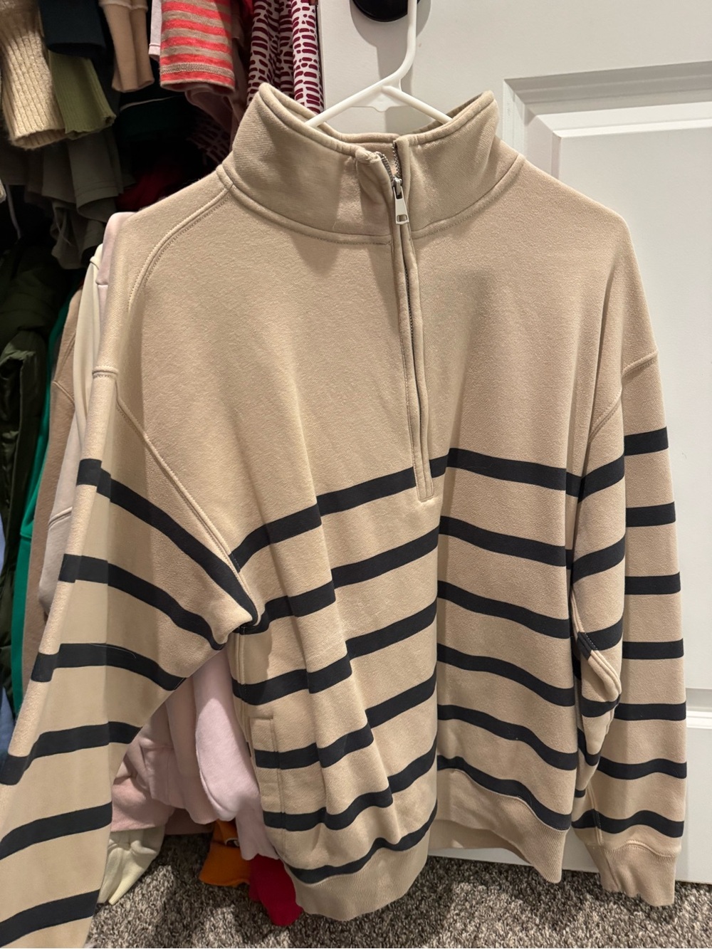 Beige Quarter-Zip Striped Sweater